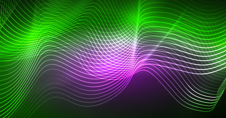 Abstract shiny glowinng color wave design element on dark background - science or technology concept