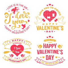 Set of Happy Valentines Day sign. Stamp, card with key, bird, amur, arrow, heart. Vector. Vintage typography design for invitations, Valentines Day romantic celebration emblem in retro style.