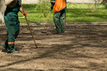 Gardening service workers preparing ground in park with garden tools. Defocused background
