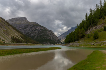 The mountains and the lake near Livigno.