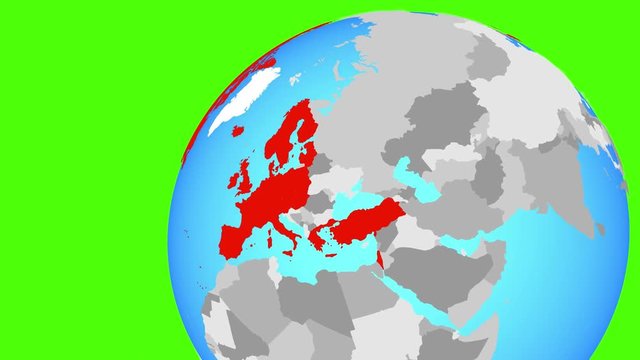 Zooming to OECD European members from flying around globe. 3D illustration.