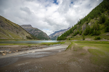 The mountains and the lake near Livigno.