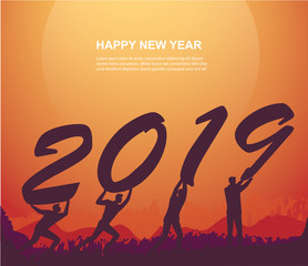 group of people hold numbers 2019 new year with sunset background vector illustration eps10