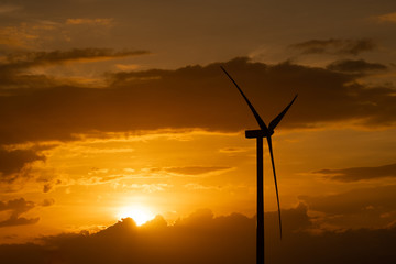 Obraz premium Wind turbine farm or windmill on golden sunset sky in summer day. High-quality stock photo image of wind turbine or windmill for clean energy concept. Energy Production with clean and Renewable Energy