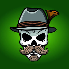 hand drawn skull with traditional hat. Vector, bavaria, beard, mexico, wings, isolated, horror.