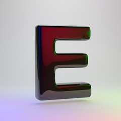3d letter E uppercase. Black font with red, green and blue lights reflection