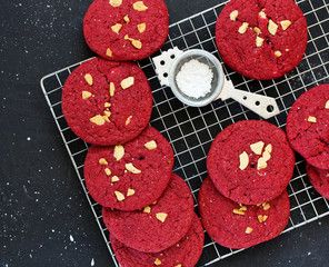 Red velvet cookies with white chocolate. American cuisine.
