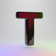 3d letter T uppercase. Black font with red, green and blue lights reflection