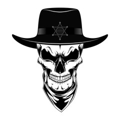 Skull sheriff in hat. Black and white vector image on white background.