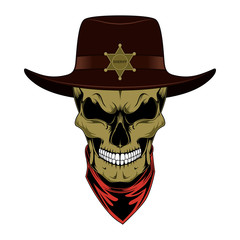 Skull sheriff in hat. Color vector image on a white background.