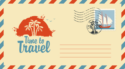 Postal envelope with postage stamp and postmark in retro style. Illustration on the theme of travel with the scenery of the Islands, palm trees at sunset and a calligraphic inscription Time to travel © paseven