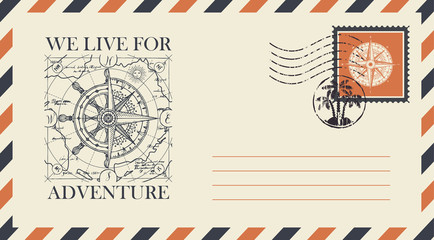 Postal envelope with postage stamp and postmark in retro style. Illustration on the theme of travel with a wind rose, old nautical compass and steering wheel on the background of old map