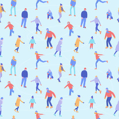 Seamless pattern of people skating in different poses, vector illustration in flat cartoon style.