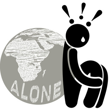 Autophobia. Monophobia. Isolophobia. Eremophobia. Fear of abandonement. Fear of being alone or of oneself. One on the whole planet. A man without friends. Logo, icon, silhouette, sticker, sign.