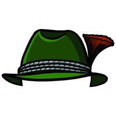 hand drawn traditional bavarian hat. Vector graphic, gray, green, oktoberfest, clothing, hat, feather, isolated.