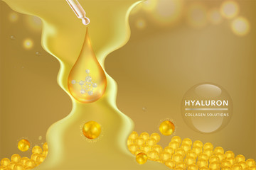 Hyaluronic acid skin solutions ad, gold collagen serum drop with cosmetic advertising background ready to use, vector illustration.	