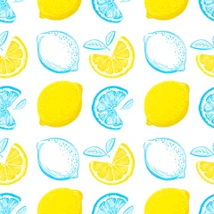 Photo sur Plexiglas Citrons Modèle sans couture de citron. Citrons de croquis colorés. Fond d& 39 agrumes. Éléments de menu, cartes de vœux, papier d& 39 emballage, emballages de cosmétiques, affiches, etc.