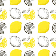 Zitrone nahtlose Muster. Bunte Skizzenzitronen. Zitrusfruchthintergrund. Elemente für Menü, Grußkarten, Geschenkpapier, Kosmetikverpackungen, Poster usw.