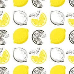 Washable wall murals Lemons Lemon seamless pattern. Colorful sketch lemons. Citrus fruit background. Elements for menu, greeting cards, wrapping paper, cosmetics packaging, posters etc