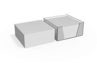 Blank white note paper cube plastic holder mock-up on isolated white background, 3d illustration