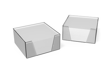 Blank white note paper cube plastic holder mock-up on isolated white background, 3d illustration