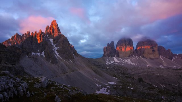 4K Timelapse of Tre cime mountain at sunrise, Dolomites, Italy