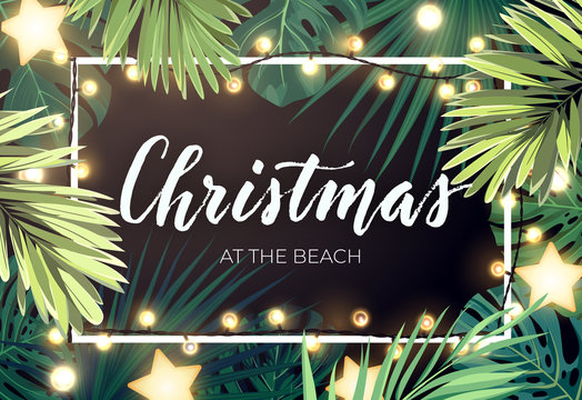 Tropical Christmas on the beach design with monstera palm leaves gold glowing stars and light bulb garlands, vector illustration.