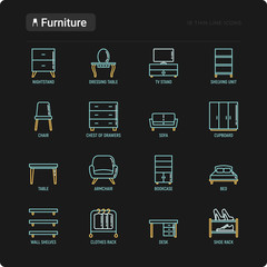 Furniture thin line icons set: dressing table, sofa, armchair, wardrobe, chair, table, bookcase, bad, clothes rack, desk, wall shelves. Modern vector illustration for black theme.