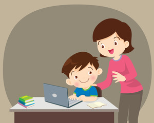 boy and mother sitting with laptop