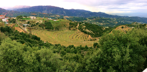 panoramic view of lebanese landscape with terrace culture and the mountain Jabal Moussa in...