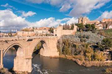 Toledo Medieval San Martin bridge, and cityscape, Toledo, Castilla la Mancha, Spain.