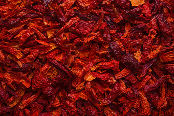 Texture of dried chilli pepper. Wrinkled texture after drying red chili pepper. Spicy seasoning