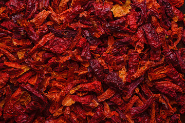 Texture of dried chilli pepper. Wrinkled texture after drying red chili pepper. Spicy seasoning