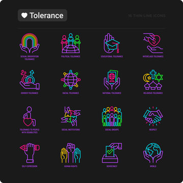 Tolerance thin line icons set: gender, racial, national, religious, sexual orientation, educational, interclass, for disability, respect, self-expression, human rights, democracy. Vector illustration.