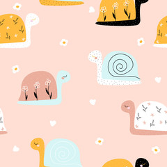Seamless pattern with cute doodle snails. Kids print. Vector hand drawn illustration.