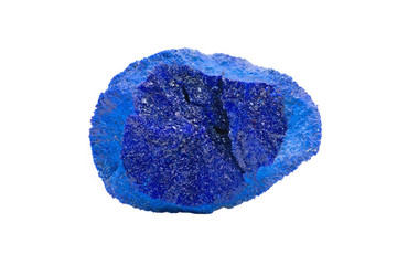 Dark blue druse covering the inside of Azurite Partial Nodule from Russia, isolated on white...