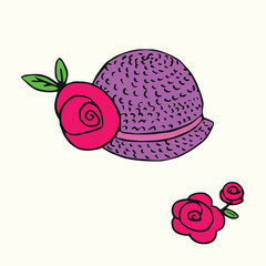 Purple hat with red roses, hand drawn doodle, sketch in woodcut style, black and white vector colorful illustration