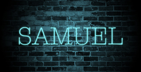Fototapeta na wymiar first name Samuel in blue neon on brick wall