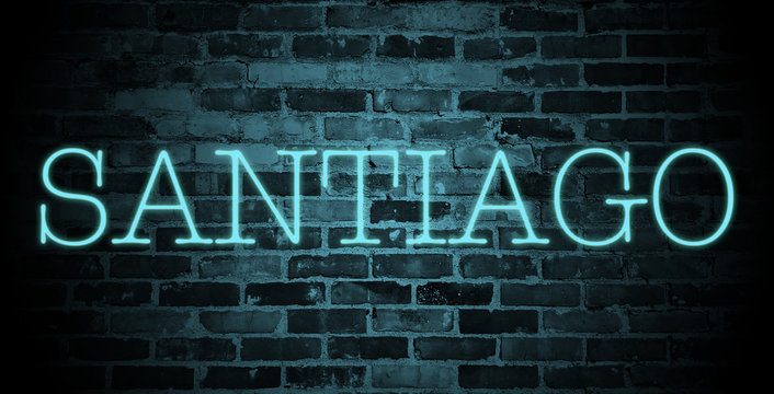 first name Santiago in blue neon on brick wall