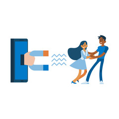 Vector customer retention customer relations managment concept with hand with huge magnet from smartphone screen trying to attract woman client dress with terrified face holding hand of african man.