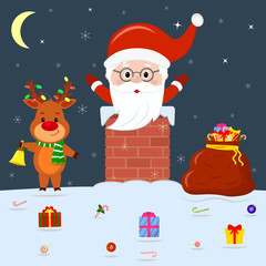 A cute deer is standing on the roof of the house holding a bell. The head and hands of Santa Claus stick out of the pipe at home. Red bag with gifts, candy in the snow at night. Cartoon style, vector