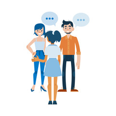 Fototapeta na wymiar Vector young women and man in casual clothing talking to each other gesticulating with empty speech bubble above head. Friends or colleagues and social communication. Flat illustration