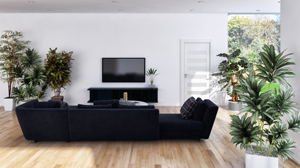 large luxury modern bright interiors Living room with plants illustration 3D rendering computer digitally generated image