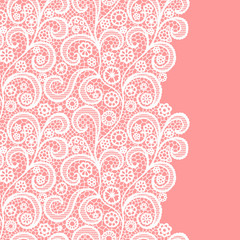 Seamless lace border. Vector illustration. White lacy vintage elegant trim. Invitation card.