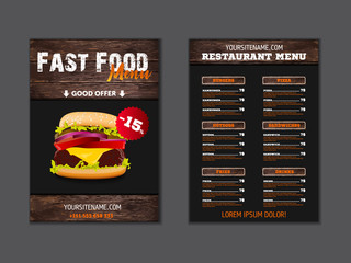 Fast food loft menu brochure design on wooden background vector template in A4 size. flyer, baner and Layout Design. food concept.