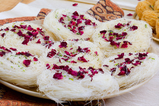 Indian Traditional Sweet Food Desi Ghee Ki Pheni Also Know as Sutarfeni, Firni, Seviyan, Laccha, Feni or Fini maid from maida, Sugar and Flavor