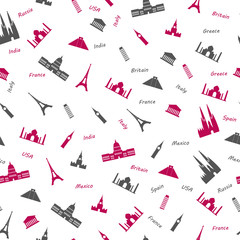 Icons of most popular world monuments. Colored seamless pattern