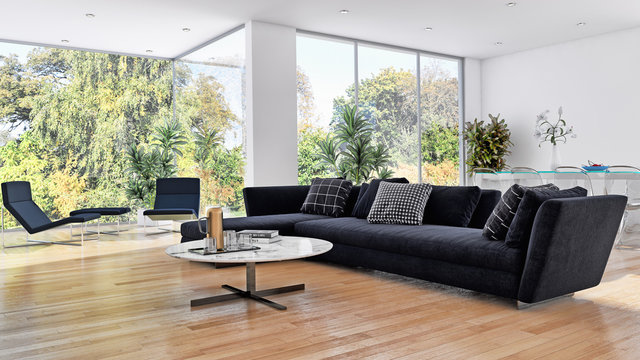 large luxury modern bright interiors Living room with plants illustration 3D rendering computer digitally generated image