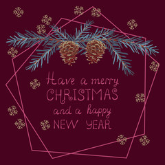 Obraz premium Coniferous twigs, golden pine cones, geometric frame
