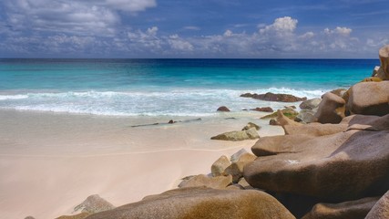 Beach and granite rocks, La Digue Island, Seychelles
